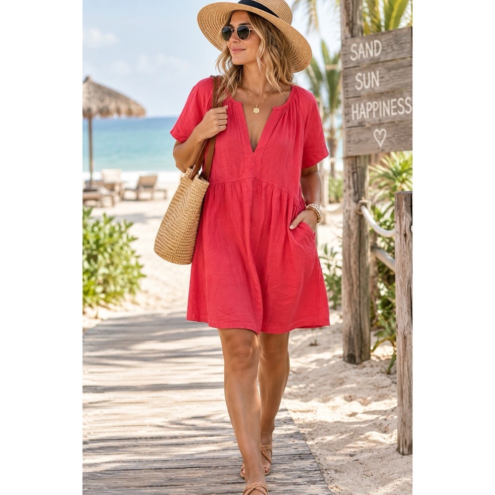 Universal Thread Short Sleeve Linen Popover Dress Coral Pink XXL Coastal Cottage